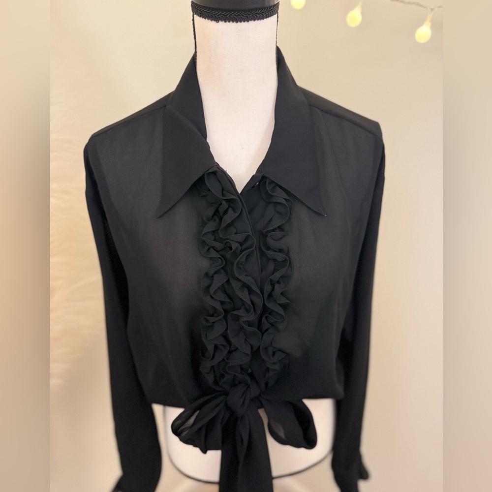 🌾 Black Sheer Ruffled Tie-Front Blouse with Notched Collar